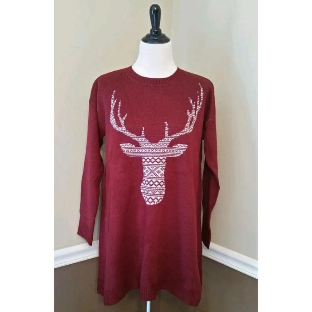 Burgundy Deer Head Oversized Tunic Sweater Staccato ModCloth Medium Holiday
